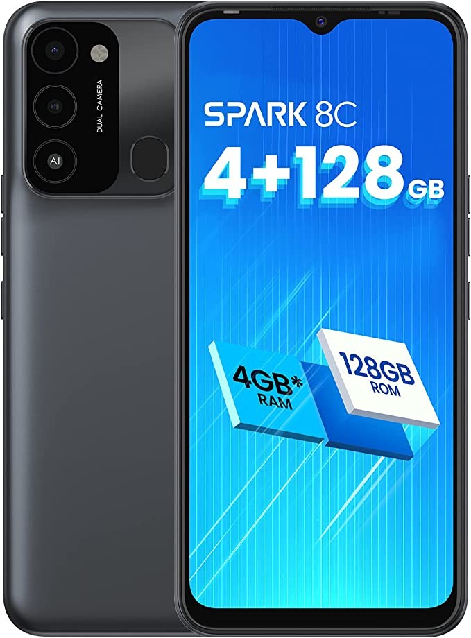 TECNO Mobile Spark 8C Smartphone (Android, Dual SIM, 720x1612px HD+D Display, 8MP Front and 13MP AI Dual Camera, up to 4+128GB Memory, 5000mAh Battery, NFC, Optimised for Social Media)